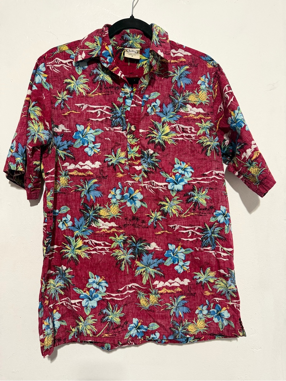 Vintage Go Barefoot Hawaiian Shirt Men’s S Burgundy Tropical Aloha USA Cotton